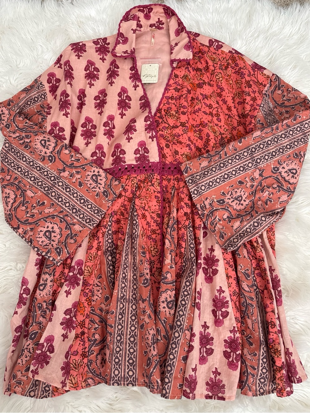 NWT Boho Patchwork Pink & Coral Floral Peasant Dress
